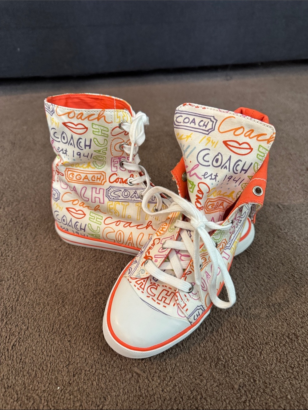 Coach woman White Multicolor coach Logo High-Top Sneakers with Orange Trim